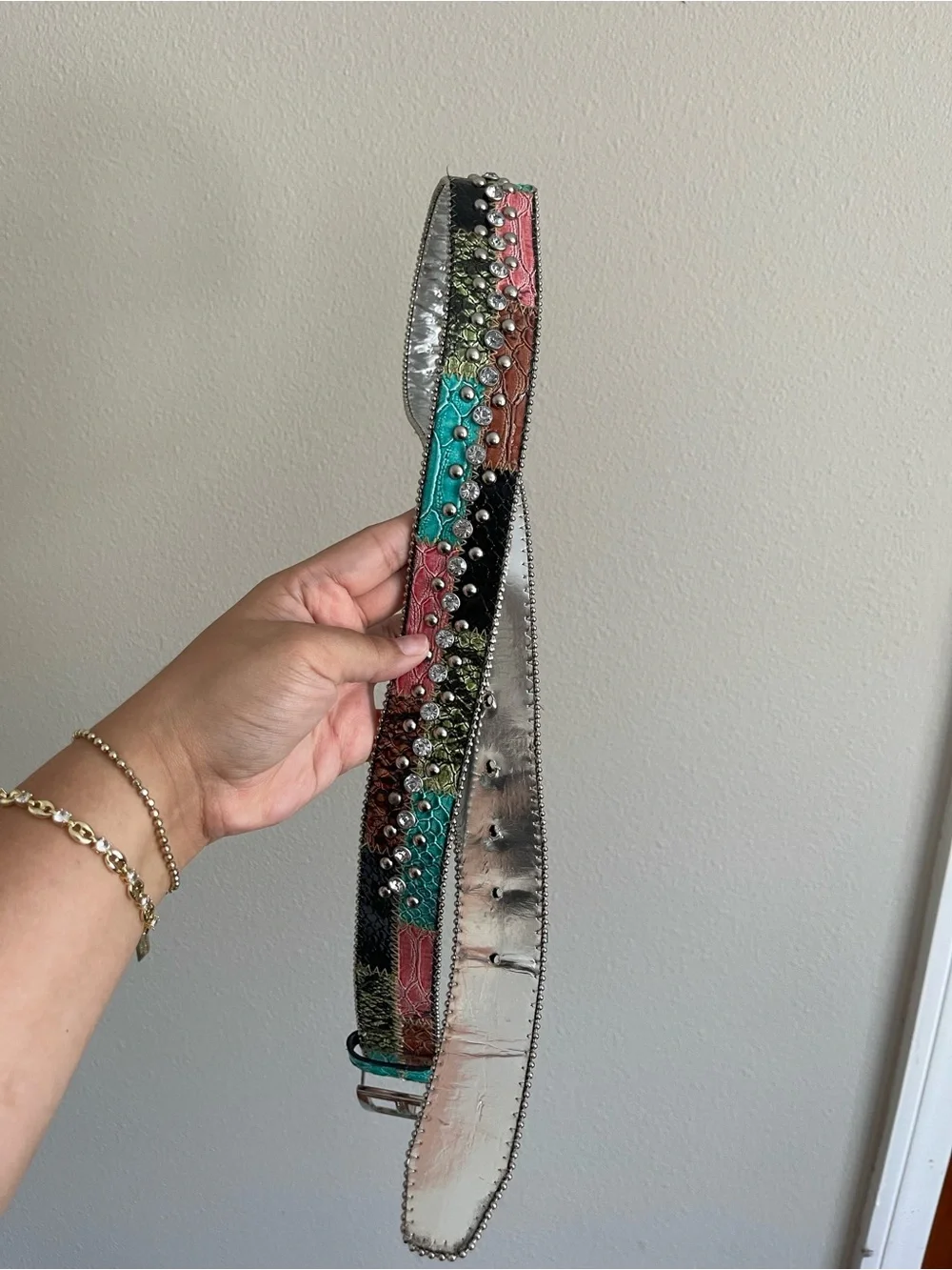 Guess Patchwork Studded Leather Belt in Turquoise, Pink & Black